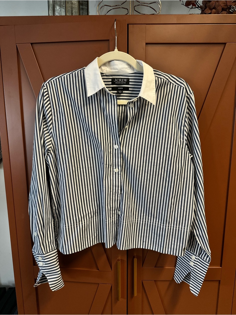 J. Crew Navy and White Striped Cropped Organic Cotton Button-Down Shirt Collar